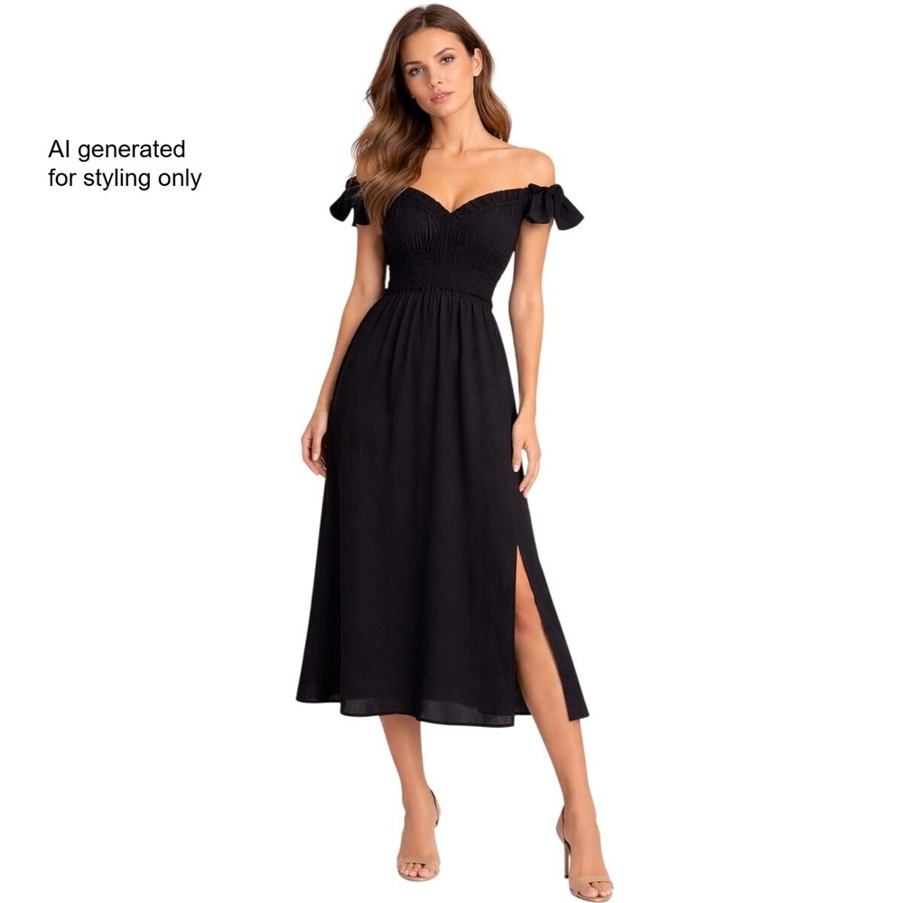 Mila Mae Black Off Shoulder Smocked Waist Midi Dress‎ Ruffle Slit XS Whimsigoth